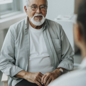 An older man with gray hair, glasses, and a white beard sits indoors, wearing a checked shirt over a white t-shirt, engaged in conversation with another person whose back is visible in the foreground.