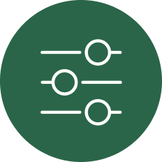 A green circle icon with three horizontal white lines, each featuring a white circular slider, resembling adjustment or settings controls.