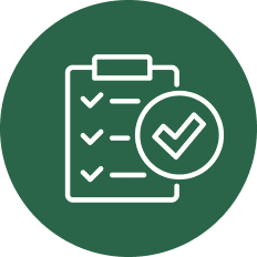 White icon of a clipboard with a checklist and a large checkmark inside a circle, on a dark green circular background.
