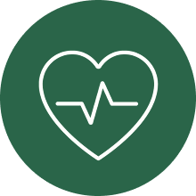 White outline of a heart with a heartbeat line inside, centered on a dark green circular background—symbolizing care and support for those affected by traumatic brain injury.