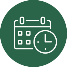 White line drawing of a calendar and a clock over a dark green circular background, representing scheduling or appointment time.